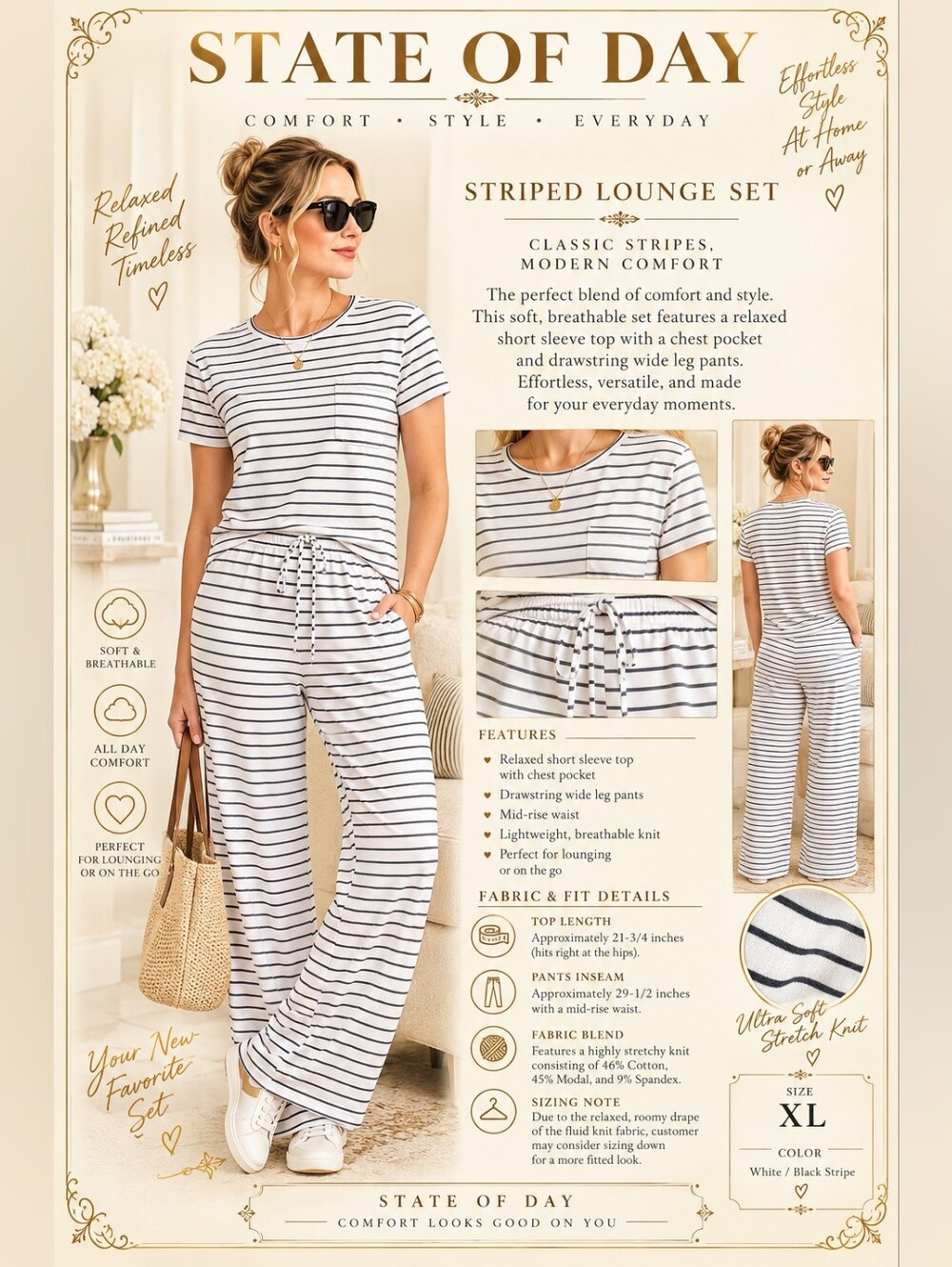 State Of Day Modal Pajama Set Gray Stripe On Ivory Size XL Macy's Brand NWOT
